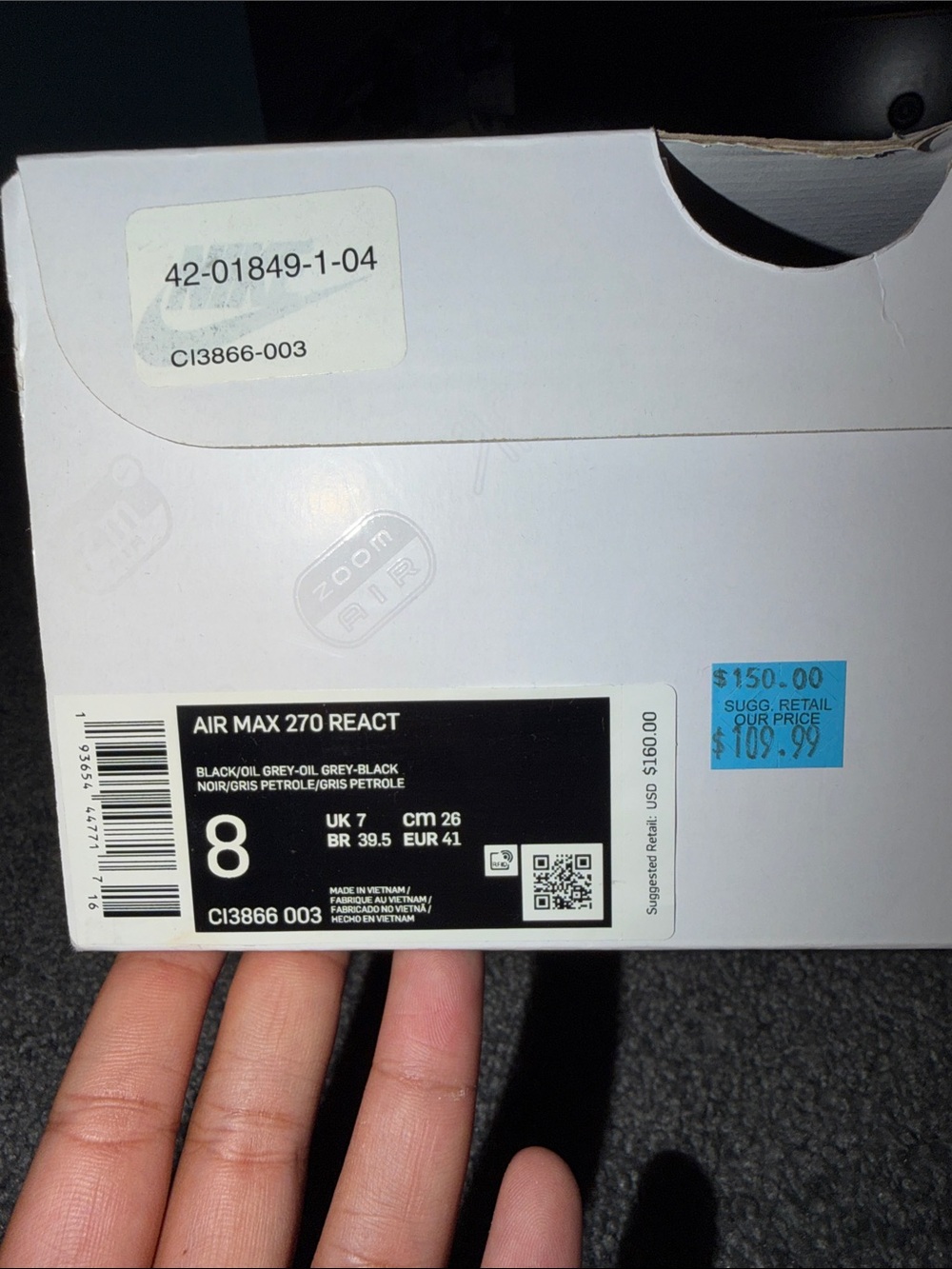 Nike Air Max 270 React Box Label - Black/Grey